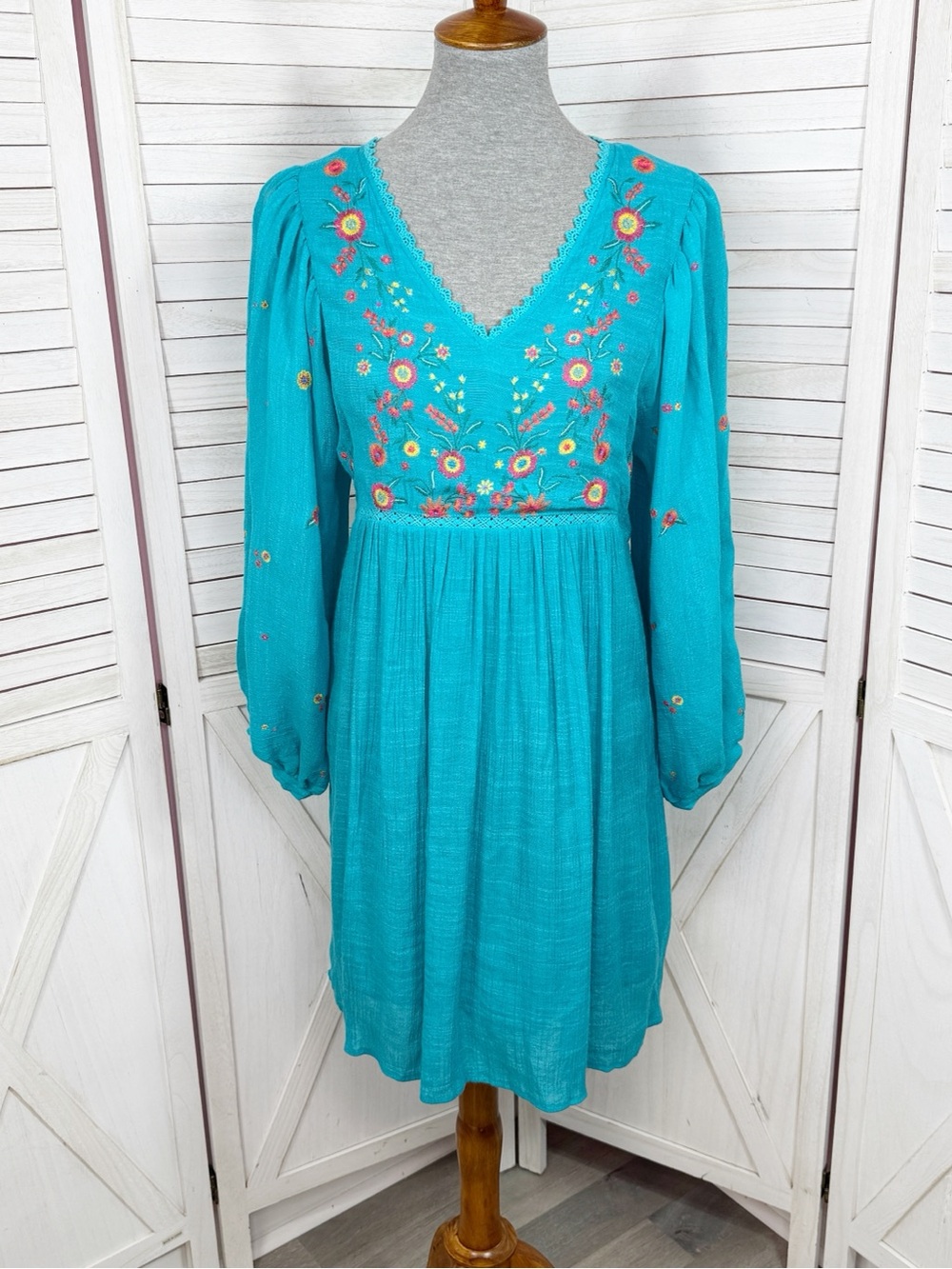 UMGEE Floral EmbroideredBoho Babydoll Shift Dress Turquoise‎ Small